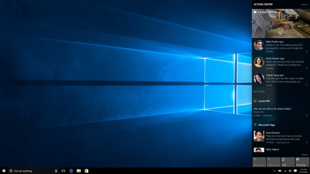 action center windows 10 au