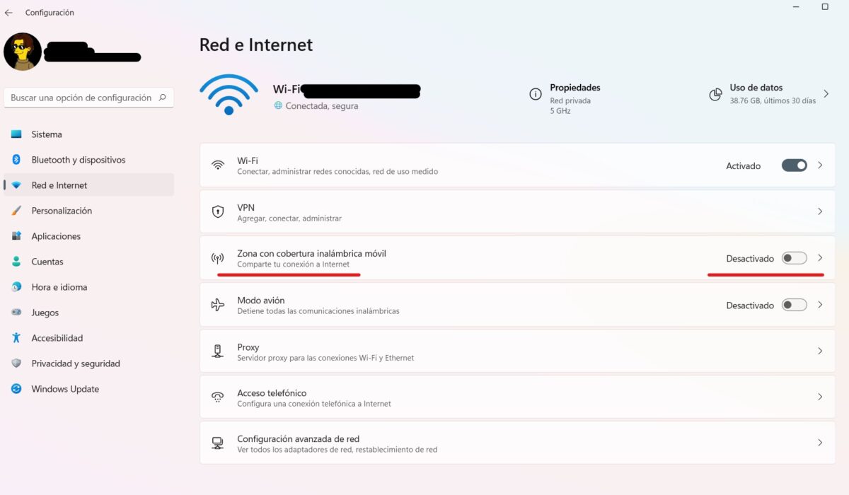 Configuración zona inalámbrica móvil