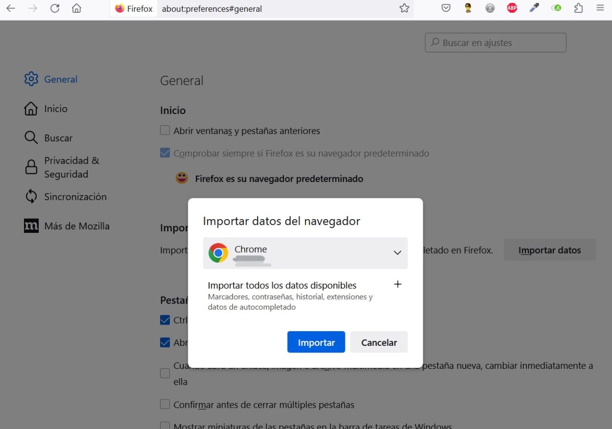 Elegir navegador para importar extensiones