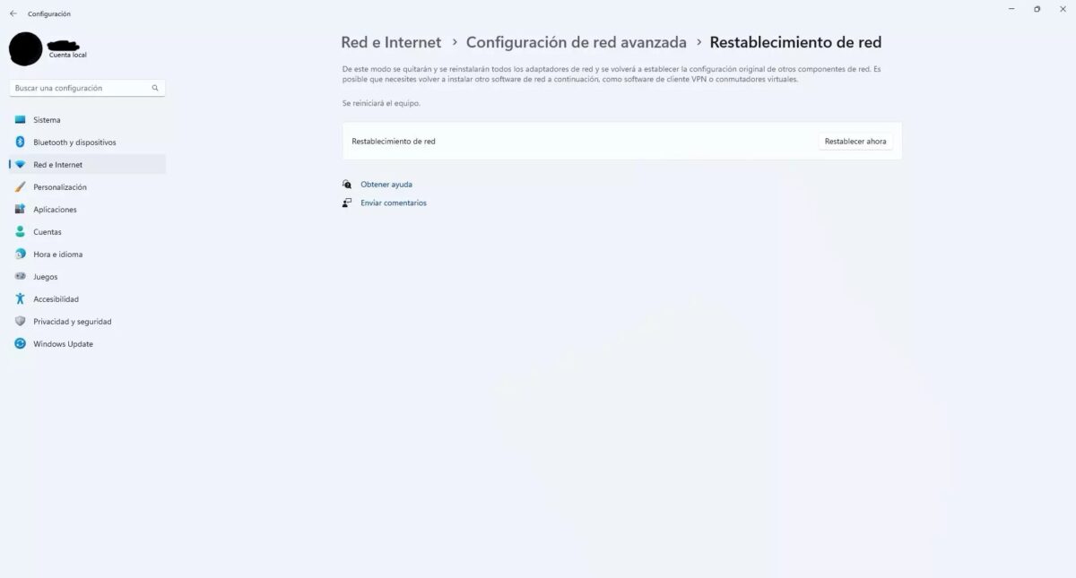 Restablecer red en Windows